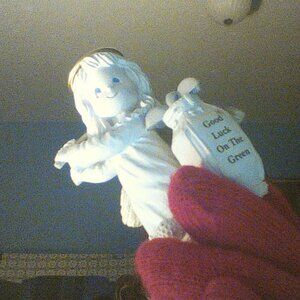 Holiday Christmas Decoration Ceramic White gold halo'd angel Good shape. Gulfing